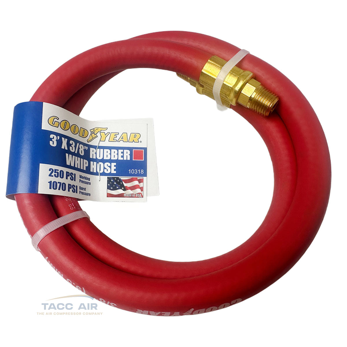 Goodyear 3' x 3/8" Rubber Air Hose Whip 250 PSI USA Made 1/4" NPT Lead In Hose