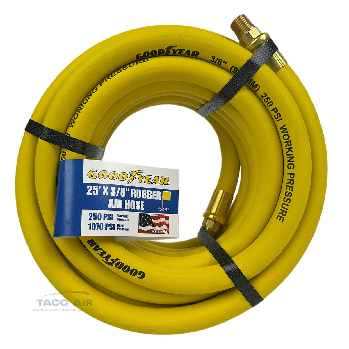 Goodyear 25' x 3/8" Rubber Air Hose 250 PSI USA Made 1/4" NPT Compressor Hose