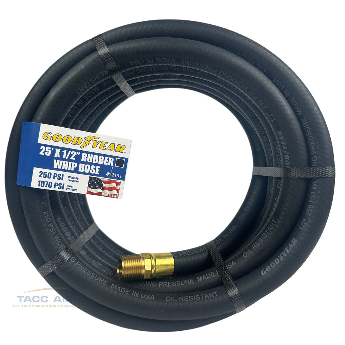 Goodyear 25' x 1/2" Rubber Air Hose 250 PSI USA Made 1/2" NPT Compressor Hose