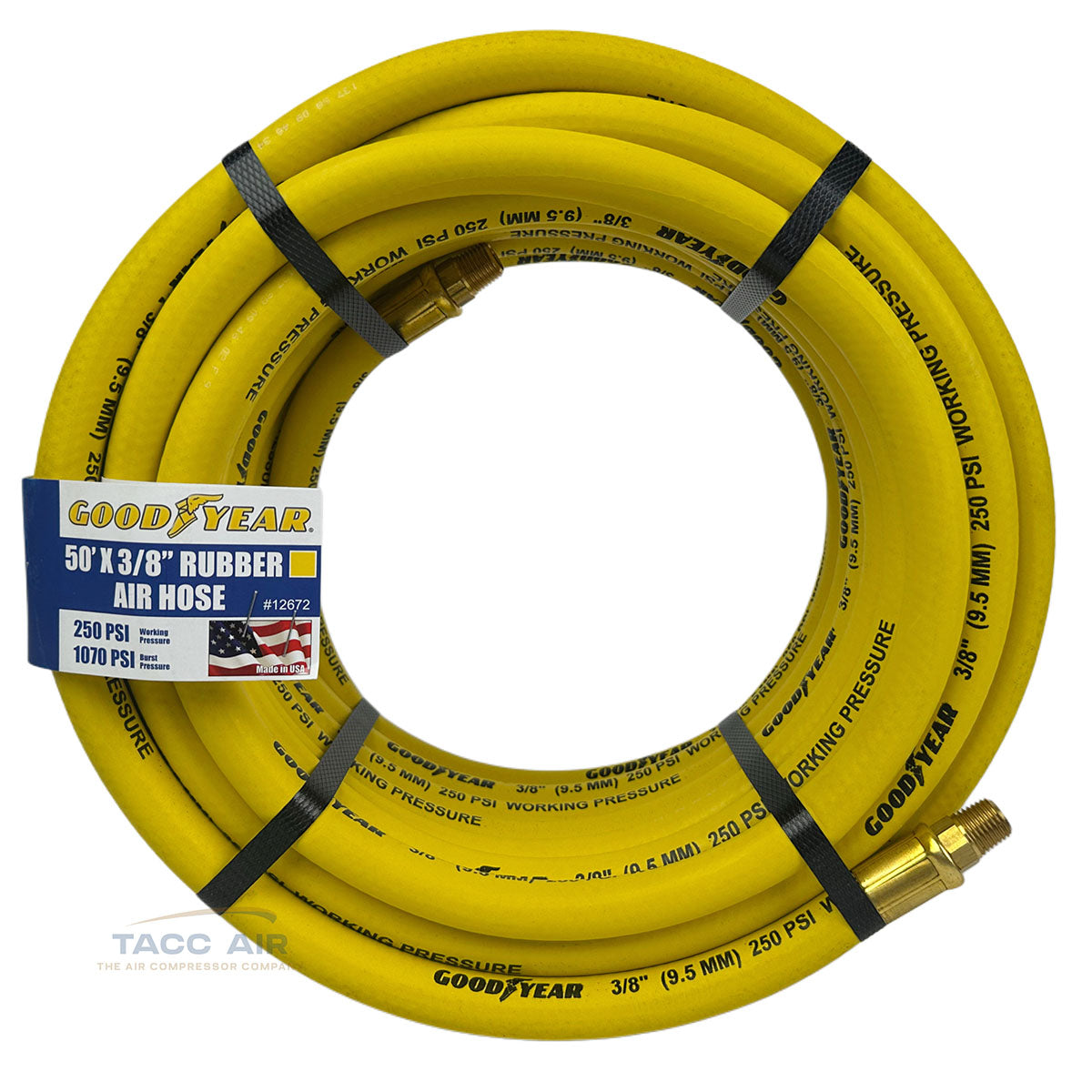 Goodyear 50' x 3/8" Rubber Air Hose 250 PSI USA Made 1/4" NPT Compressor Hose