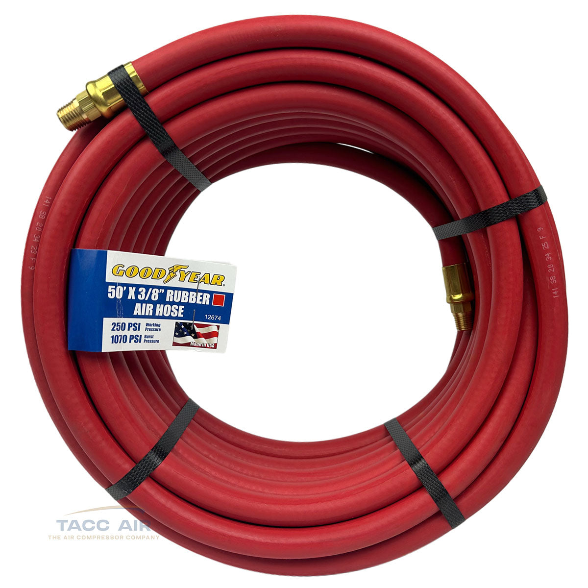 Goodyear 50' x 3/8" Rubber Air Hose 250 PSI USA Made 1/4" NPT Compressor Hose
