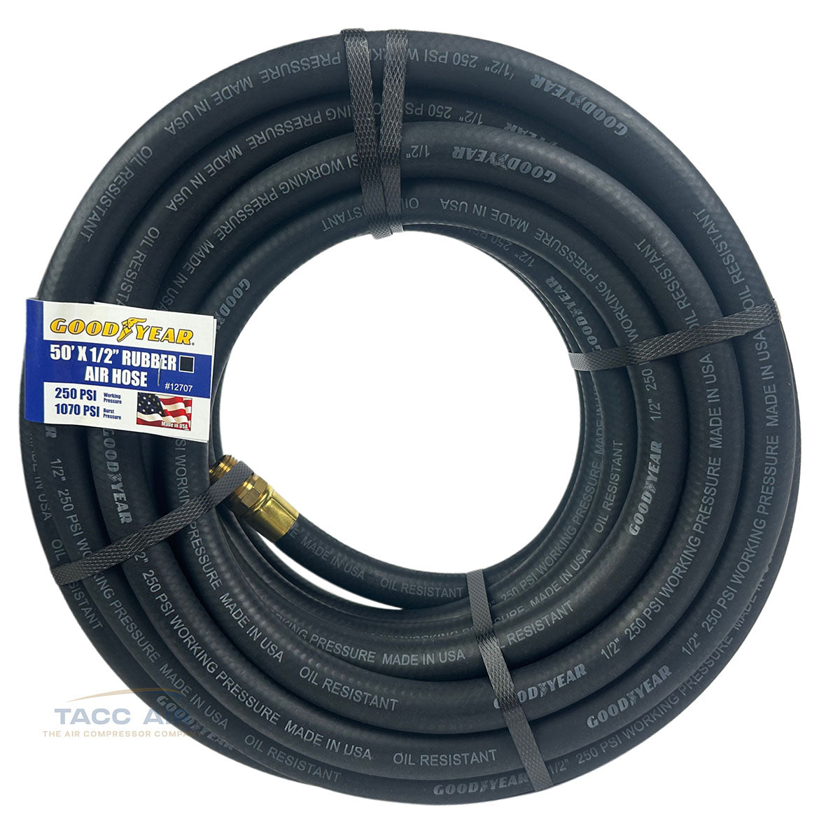 Goodyear 50' x 1/2" Rubber Air Hose 250 PSI USA Made 1/2" NPT Compressor Hose