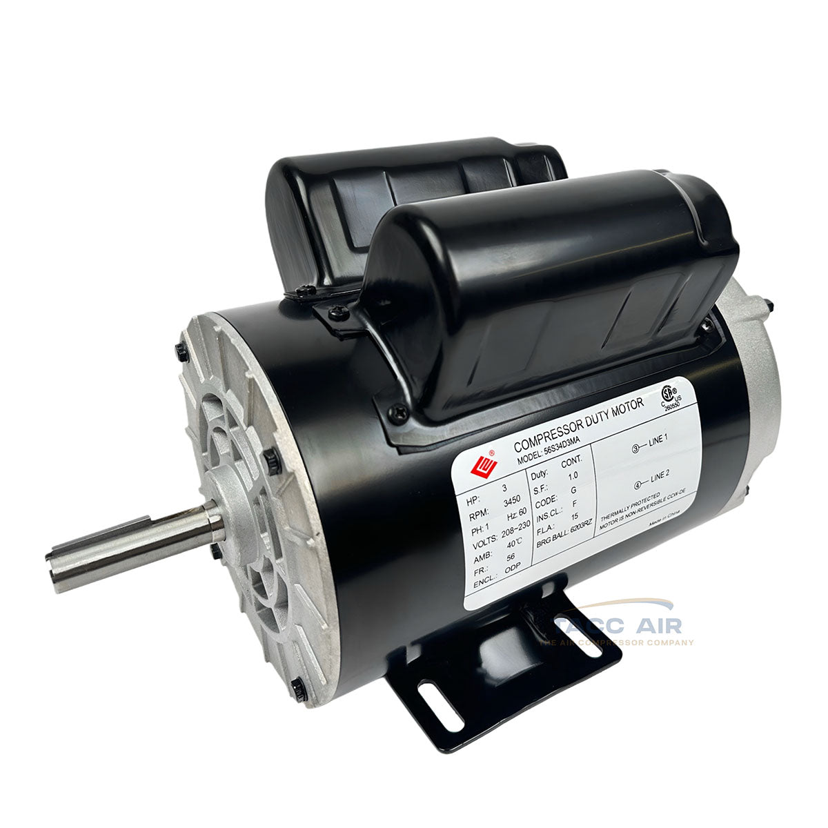 3 HP Electric Motor 3450 RPM 56 Frame 1 Phase 5/8" Shaft 230V 3450 RPM Compressor Duty