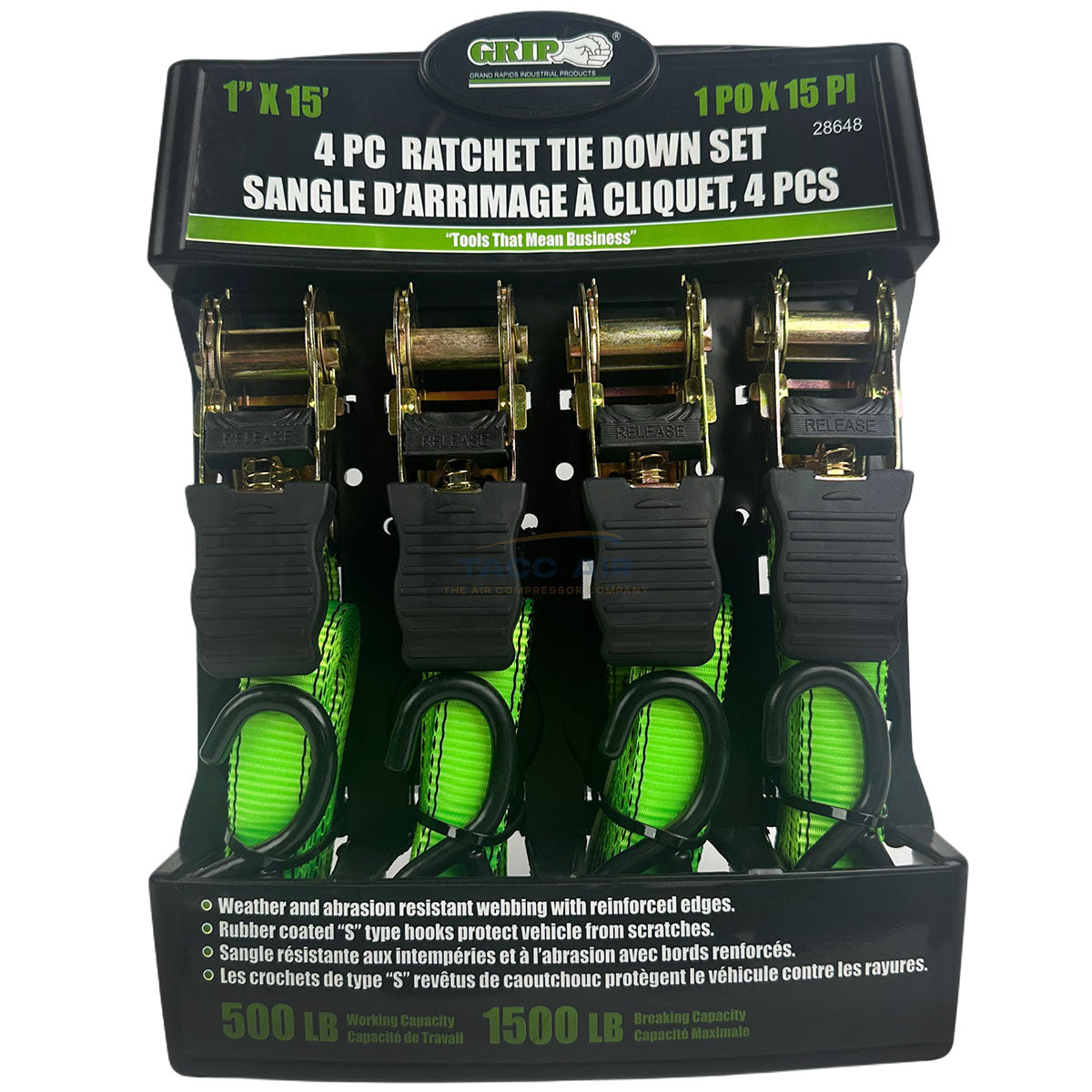 Grip 4pc 1" X 15' Ratchet Tie Down Strap Set 1500 lbs Capacity W/ S Hook 28648