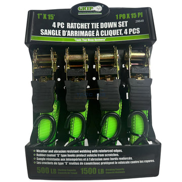 Grip 4pc 1" X 15' Ratchet Tie Down Strap Set 1500 lbs Capacity W/ S Hook 28648
