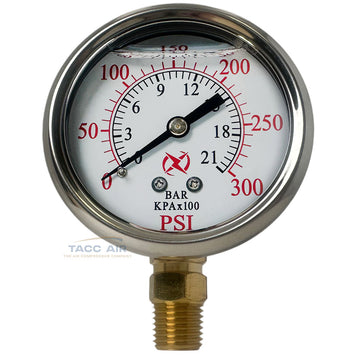 2.5" Liquid Filled Lower Side Mount Pressure Gauge 300 PSI Stainless Steel 1/4" NPT
